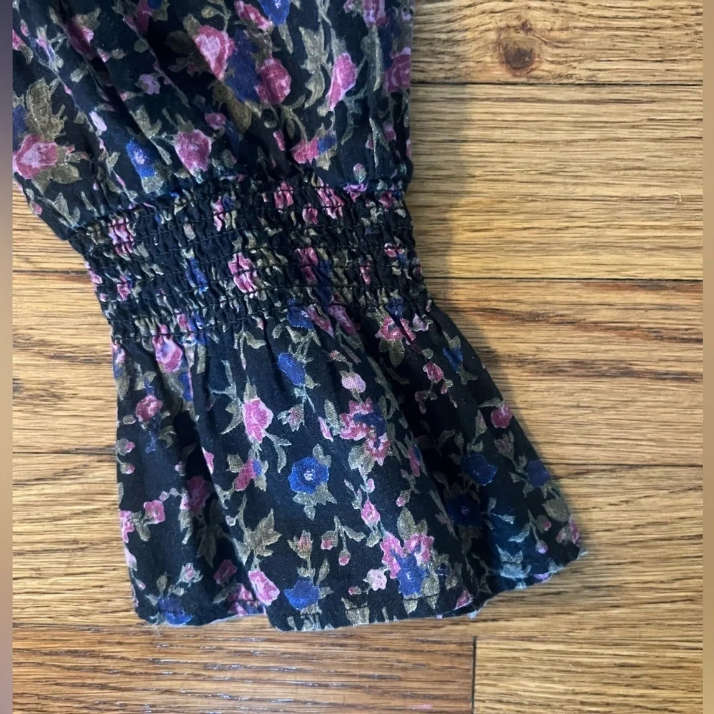Free People Black Puff Sleeve Blouse with Ruffled Tie Front